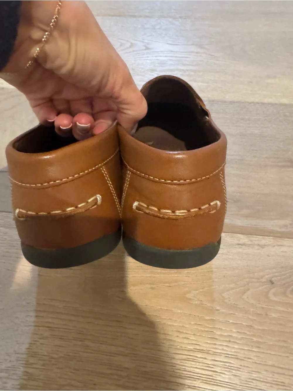 Florsheim Boys Tan Leather Driving Loafers with Navy Stripes